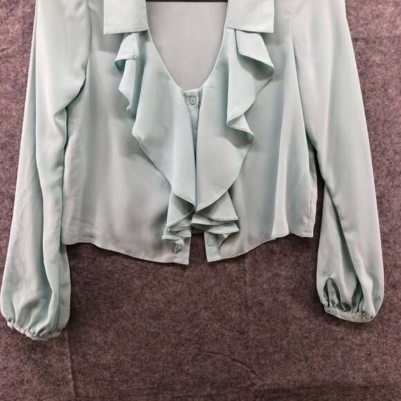 Asos Long Sleeve Chiffon Blouse Womens 0 (XS) Blue Ruffle V-Neck Button Front - Picture 4 of 11